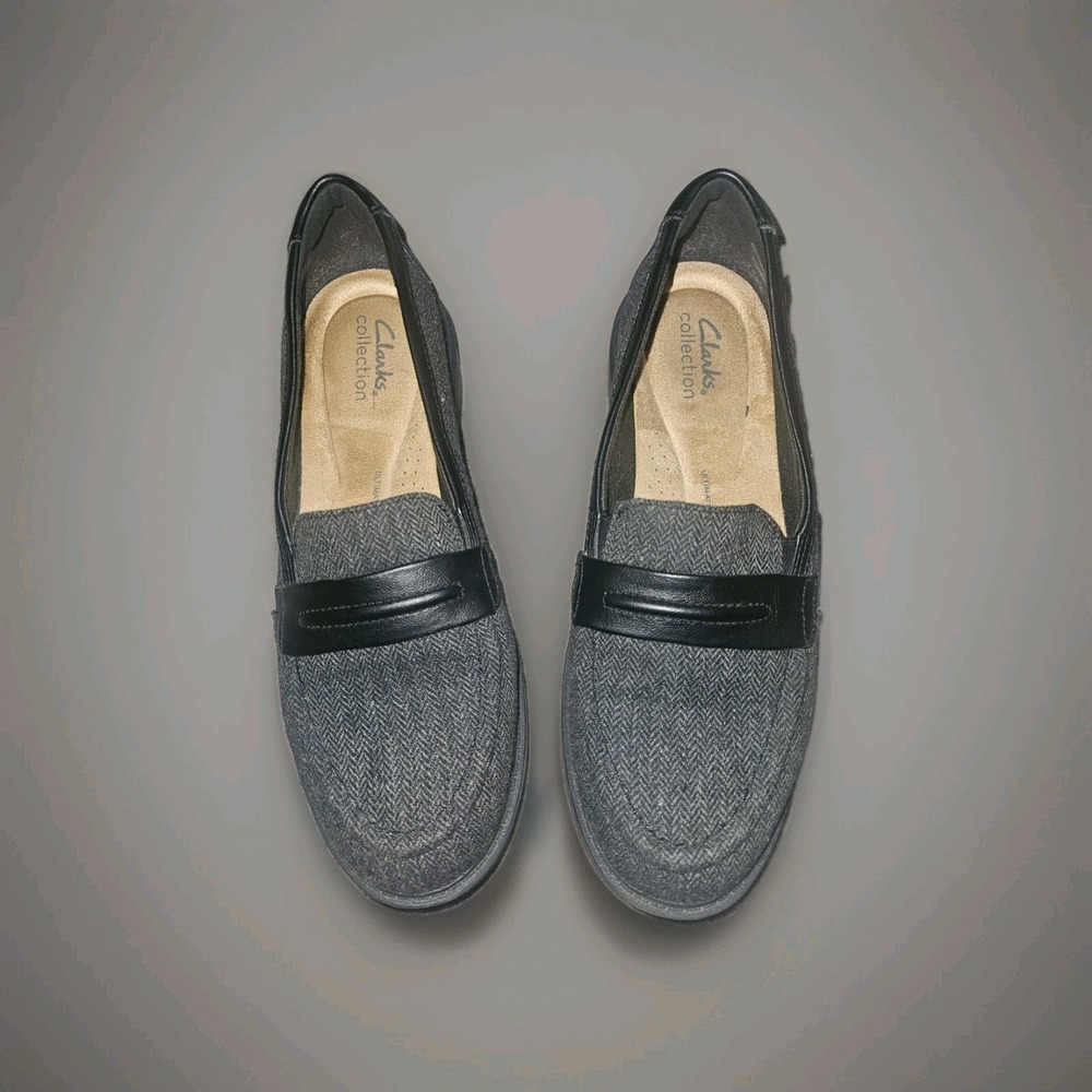 Clarks Women's Shoes loafers  grey herringbone tweed with black trim EXC Size 8M